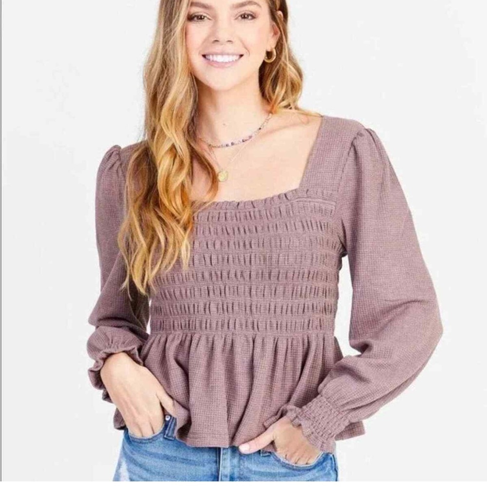 Altar'd State Waffle Knit Long Sleeve Smocked Top